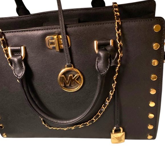 Michael Kors Gold Studded Saffiano Leather Kellen Satchel Bag. Black. Pristine - Picture 5 of 16